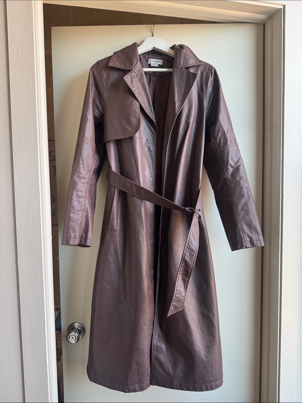 Noize Brown Faux Leather Trench Coat with Belt